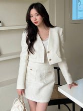 Solid Button Front Crop Jacket & Skirt Without Cami Top